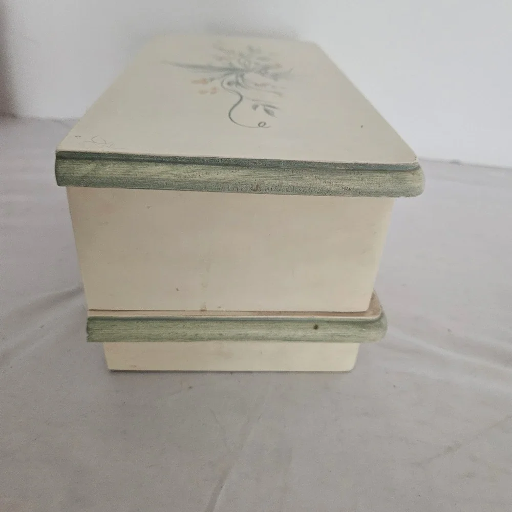 Vintage Floral Wood Jewelry Box Cream Green Hand Painted Mirror Removable Tray